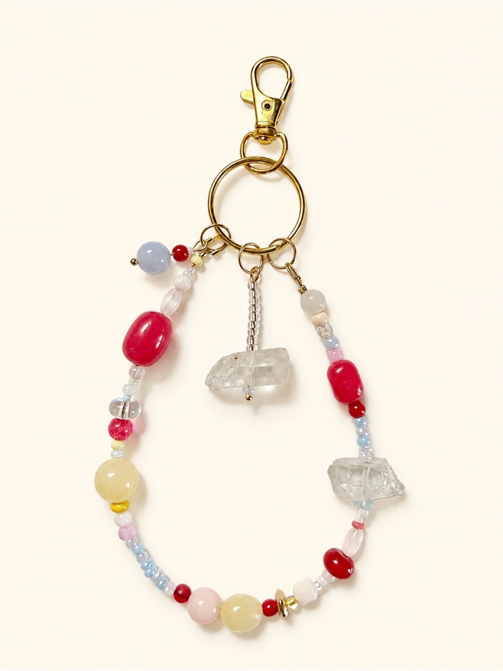 Gold-Tone Multicolor Beaded Key & Card Holder with Pink and Red Accents
